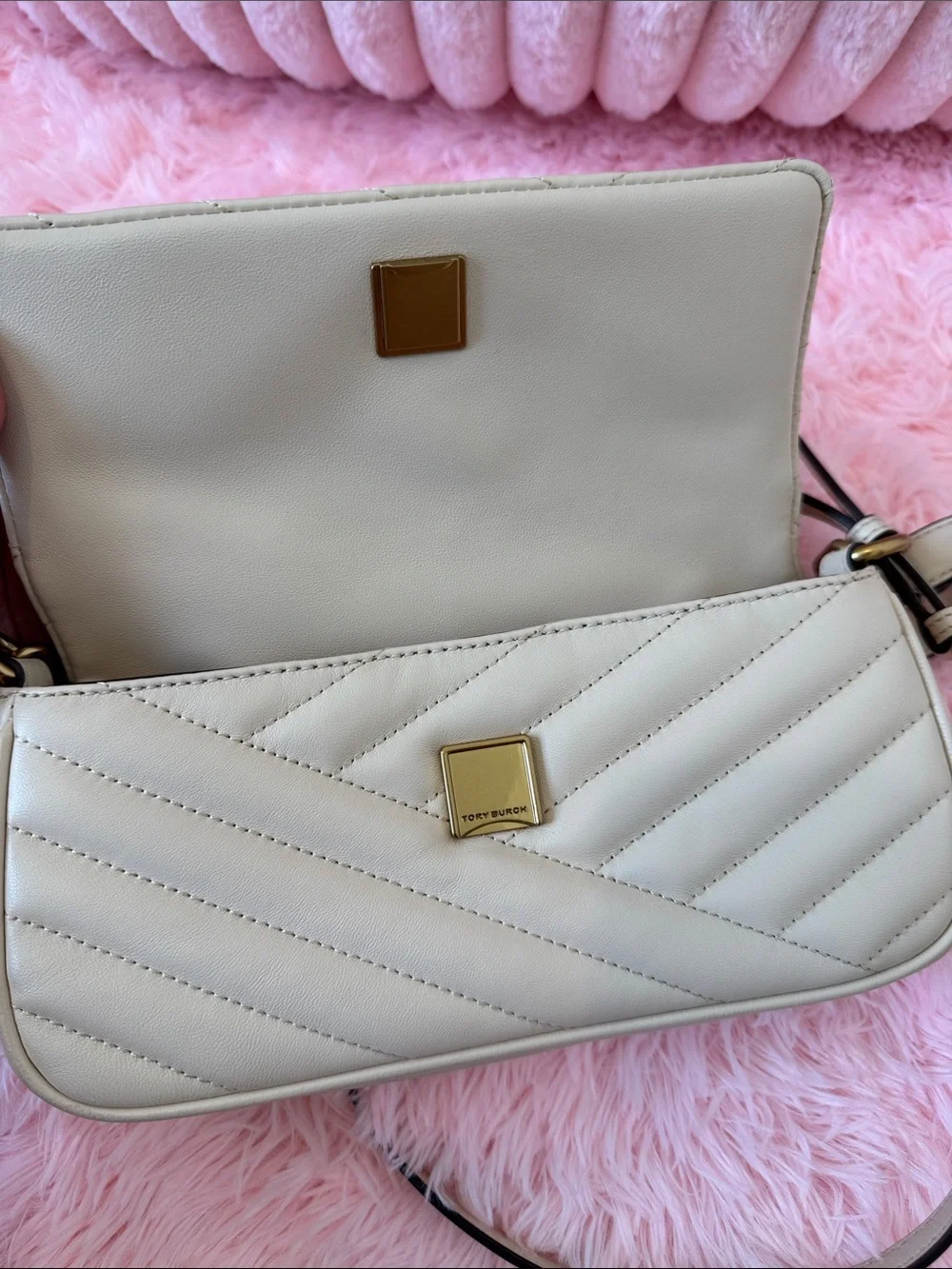 Tory Burch Cream Quilted Leather Crossbody with Gold Logo